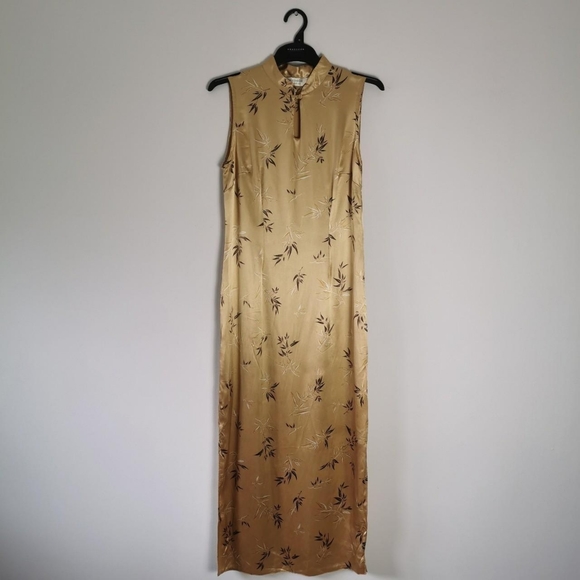 Vintage y2k dorothy perkins gold satin midi dress uk 12 side slits leaf print - Picture 4 of 8
